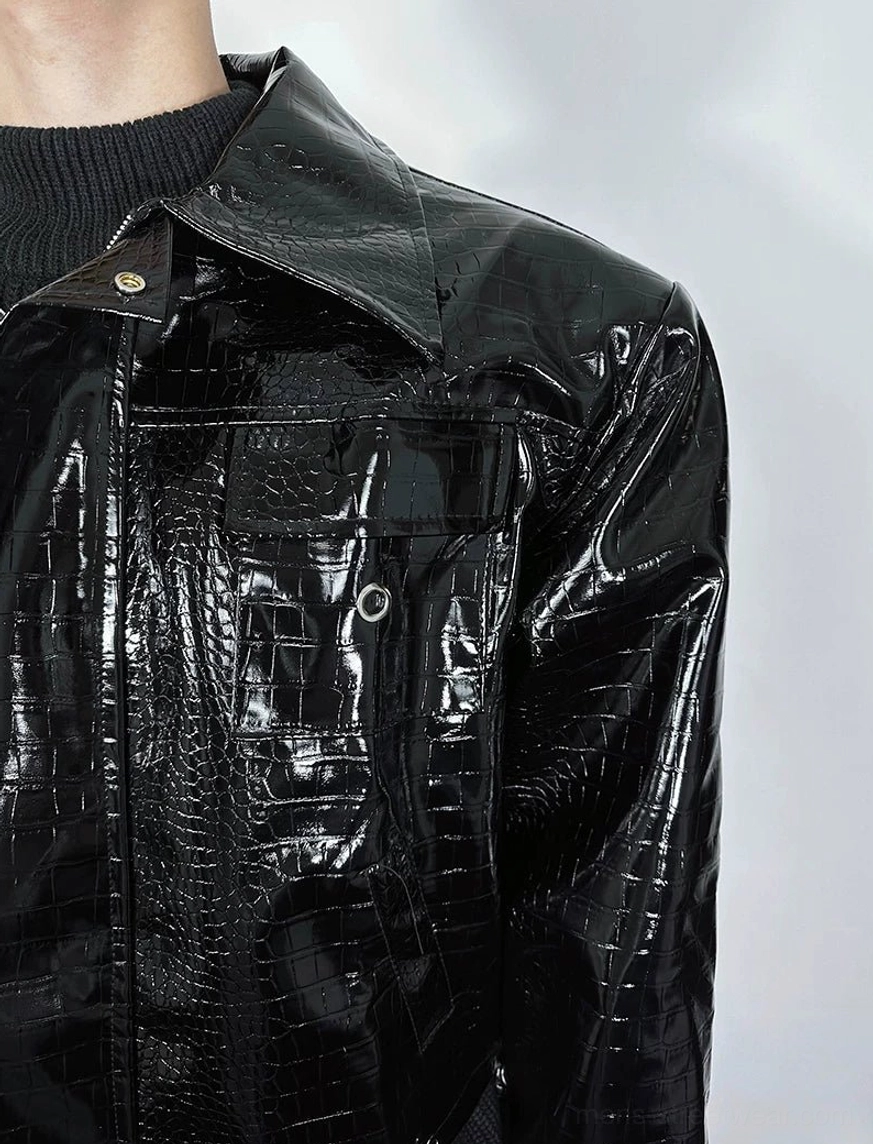 Black glossy crocodile embossed faux leather moto jacket collar and snap flap chest pocket detail