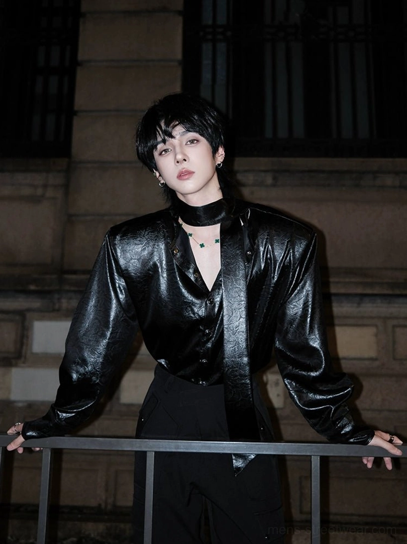 Black glossy tie-neck streetwear shirt product image with matching neck tie and relaxed silhouette