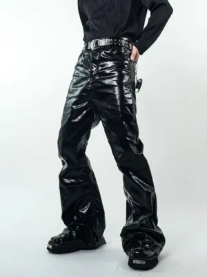 Black glossy vinyl flared pants front view showing long bootcut silhouette and crinkled shine