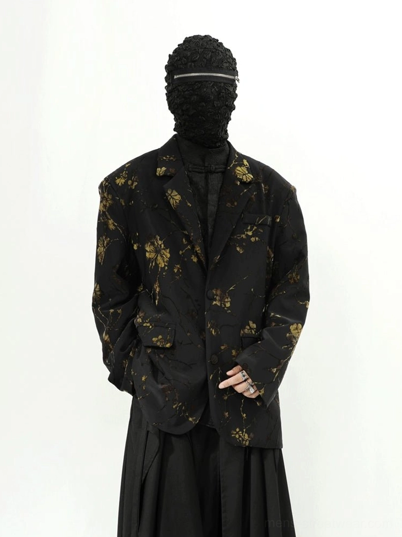 Black gold floral oversized blazer jacket avant-garde streetwear product view