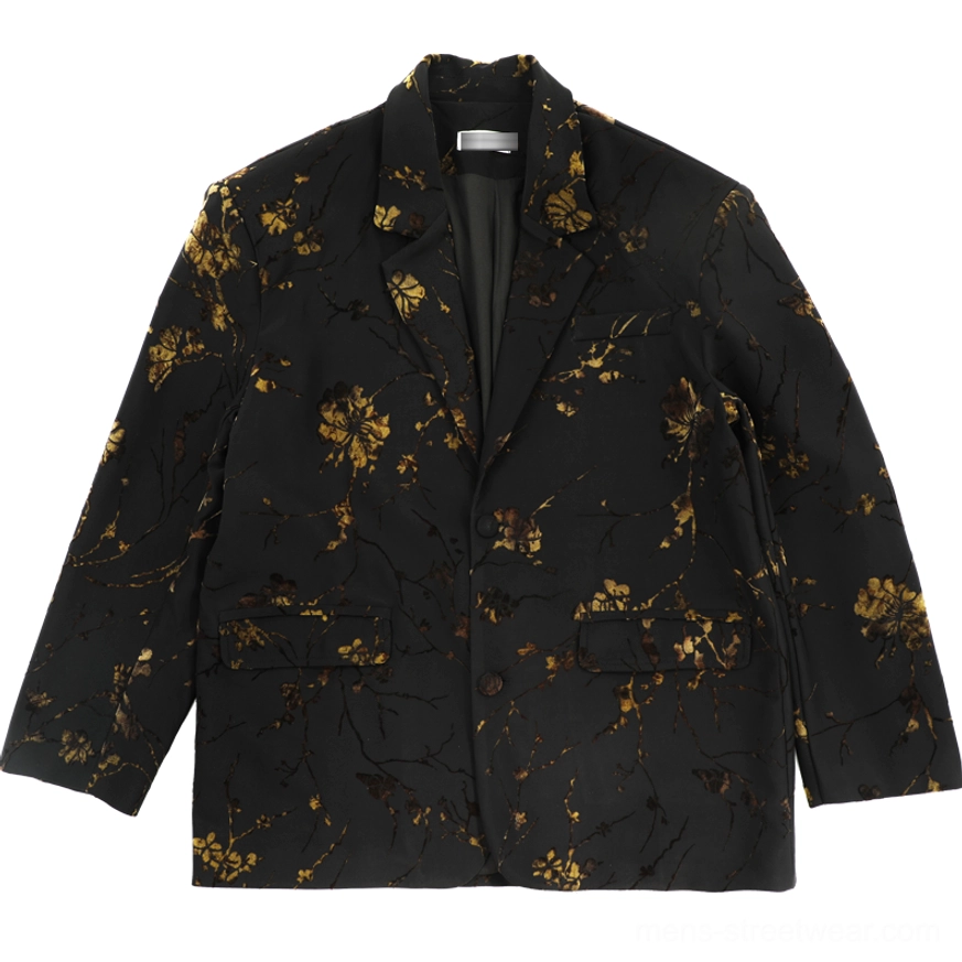 Black gold floral oversized blazer jacket flat lay showing single button closure pockets and lining