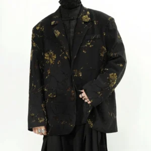 Black gold floral oversized blazer jacket front view styled with black layered streetwear outfit