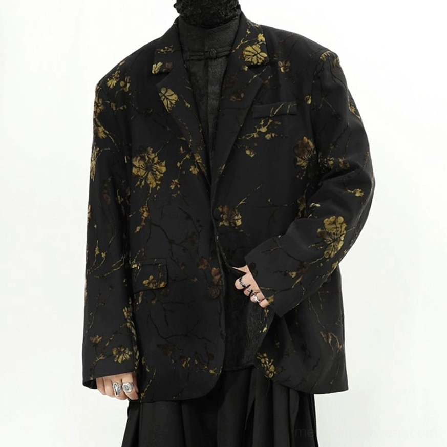 Black gold floral oversized blazer jacket front view styled with black layered streetwear outfit
