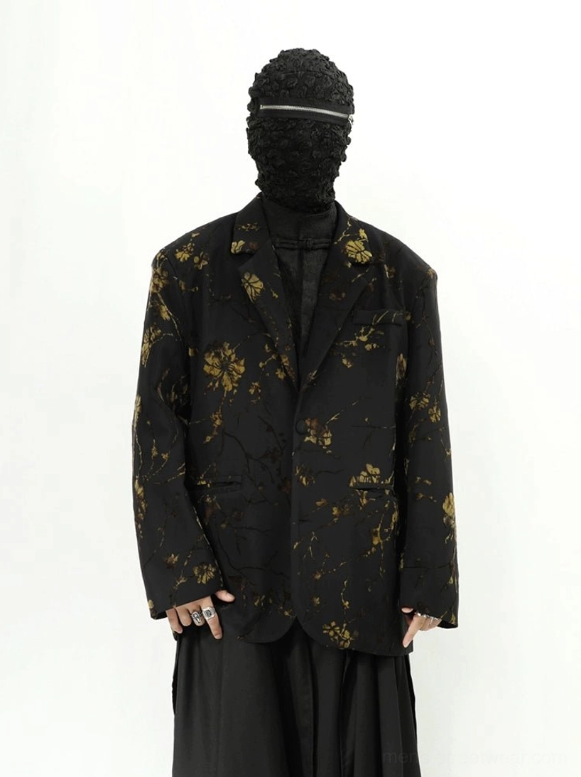 Black gold floral oversized blazer jacket full front outfit with black wide leg trousers