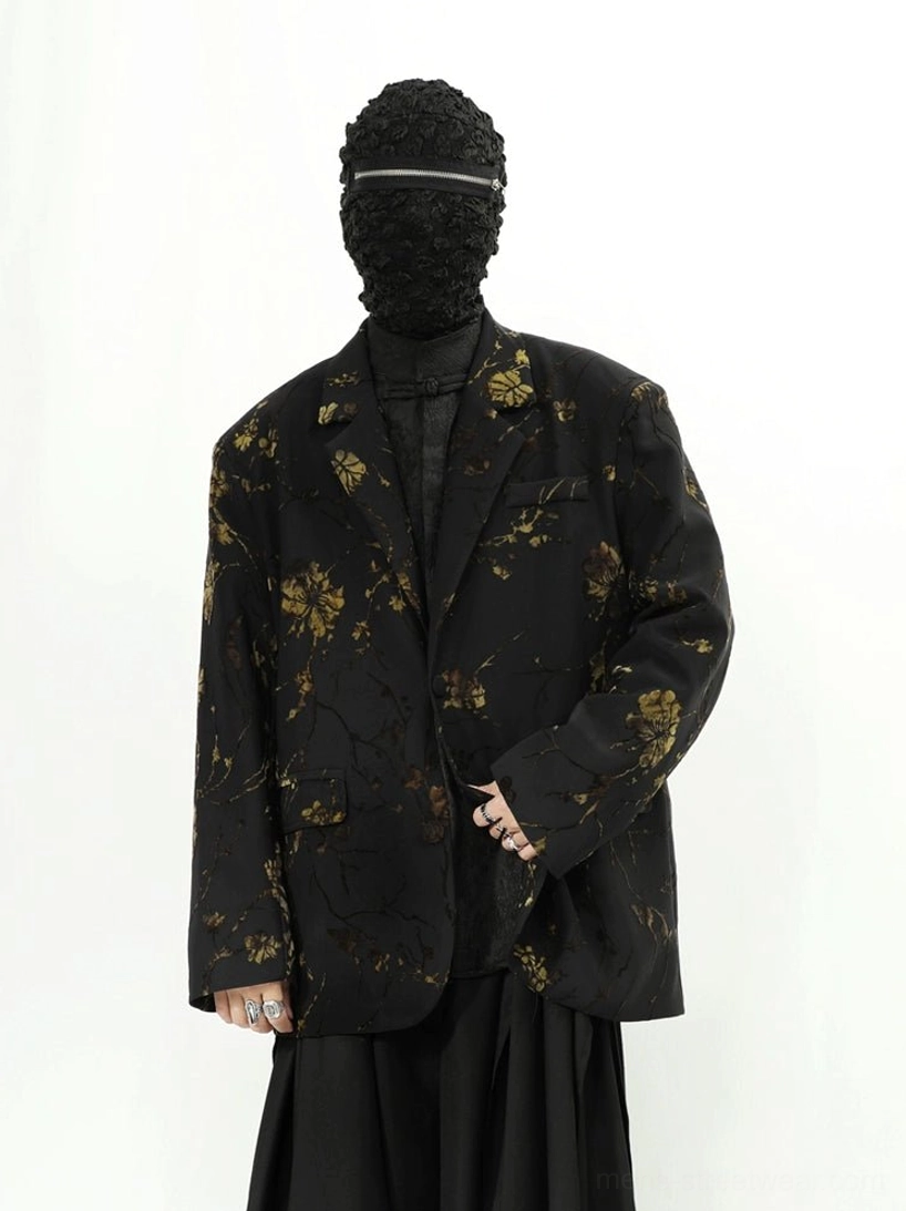 Full body black gold floral oversized blazer jacket outfit with long black skirt