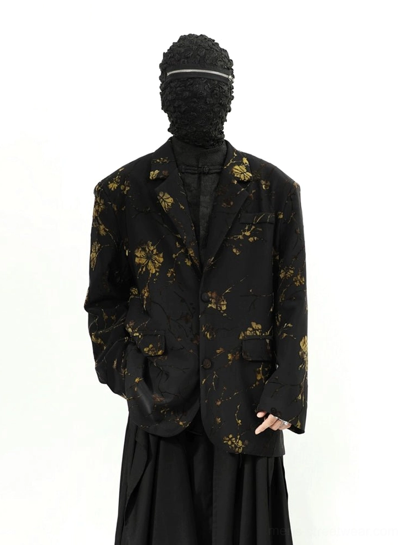 Black gold floral oversized blazer jacket notched lapel and gold flower pattern detail