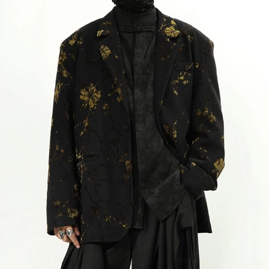 Open black gold floral oversized blazer jacket layered over a black stand collar streetwear top