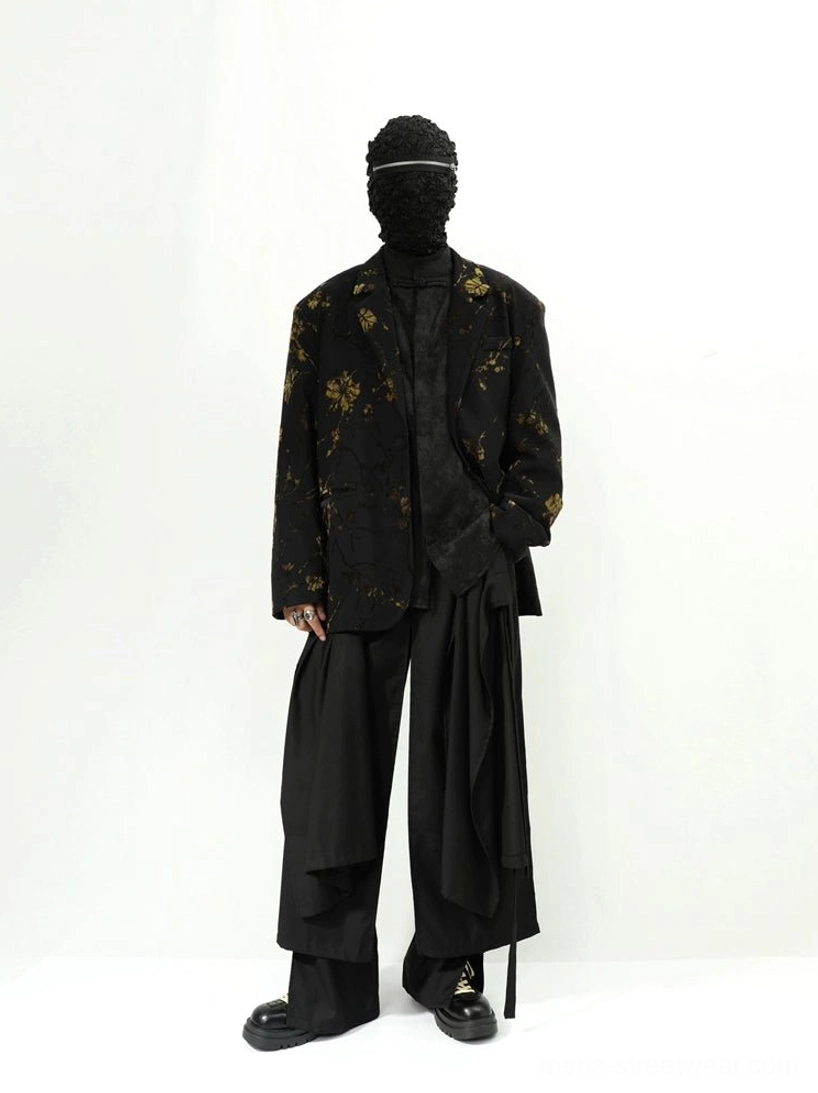 Black gold floral oversized blazer jacket rear three quarter view showing all-over botanical print