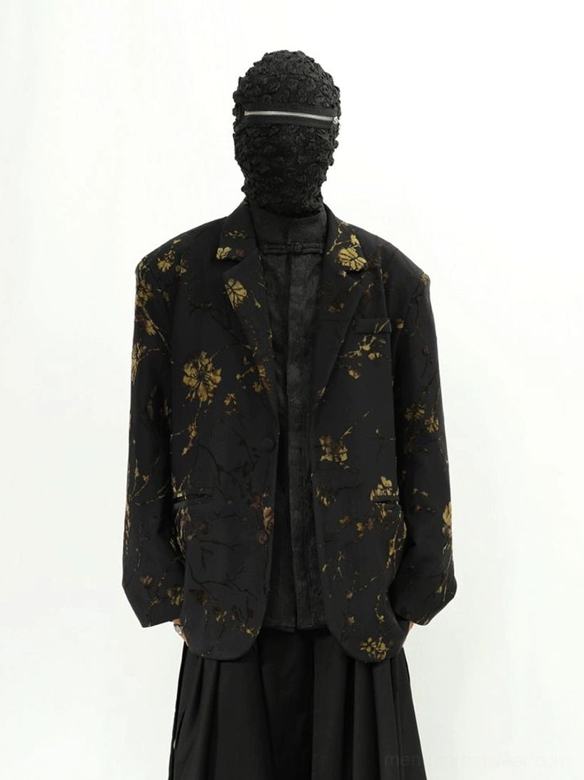 Black gold floral oversized blazer jacket relaxed longline silhouette product image