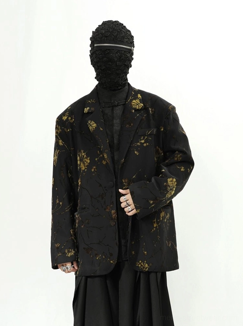 Black gold floral oversized blazer jacket elevated Seoul inspired streetwear outfit