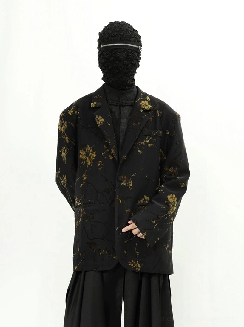 Black gold floral oversized blazer jacket side three quarter view with wide leg black pants