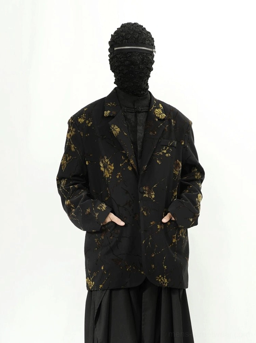 Black gold floral oversized blazer jacket single breasted tailored streetwear style