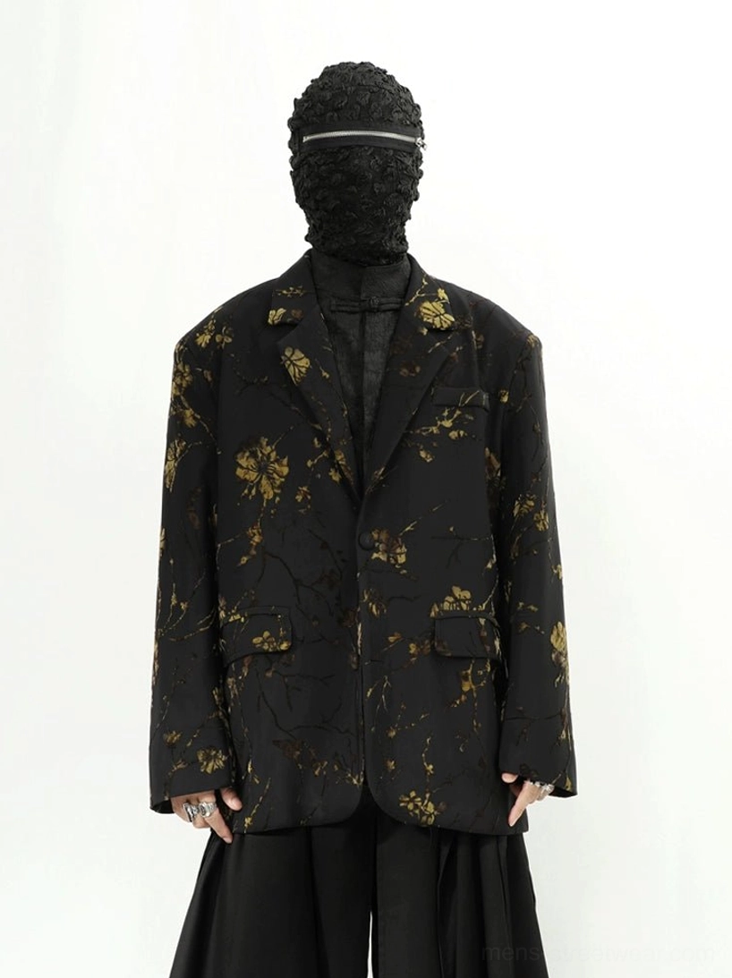 Black gold floral oversized blazer jacket with vintage botanical print detail
