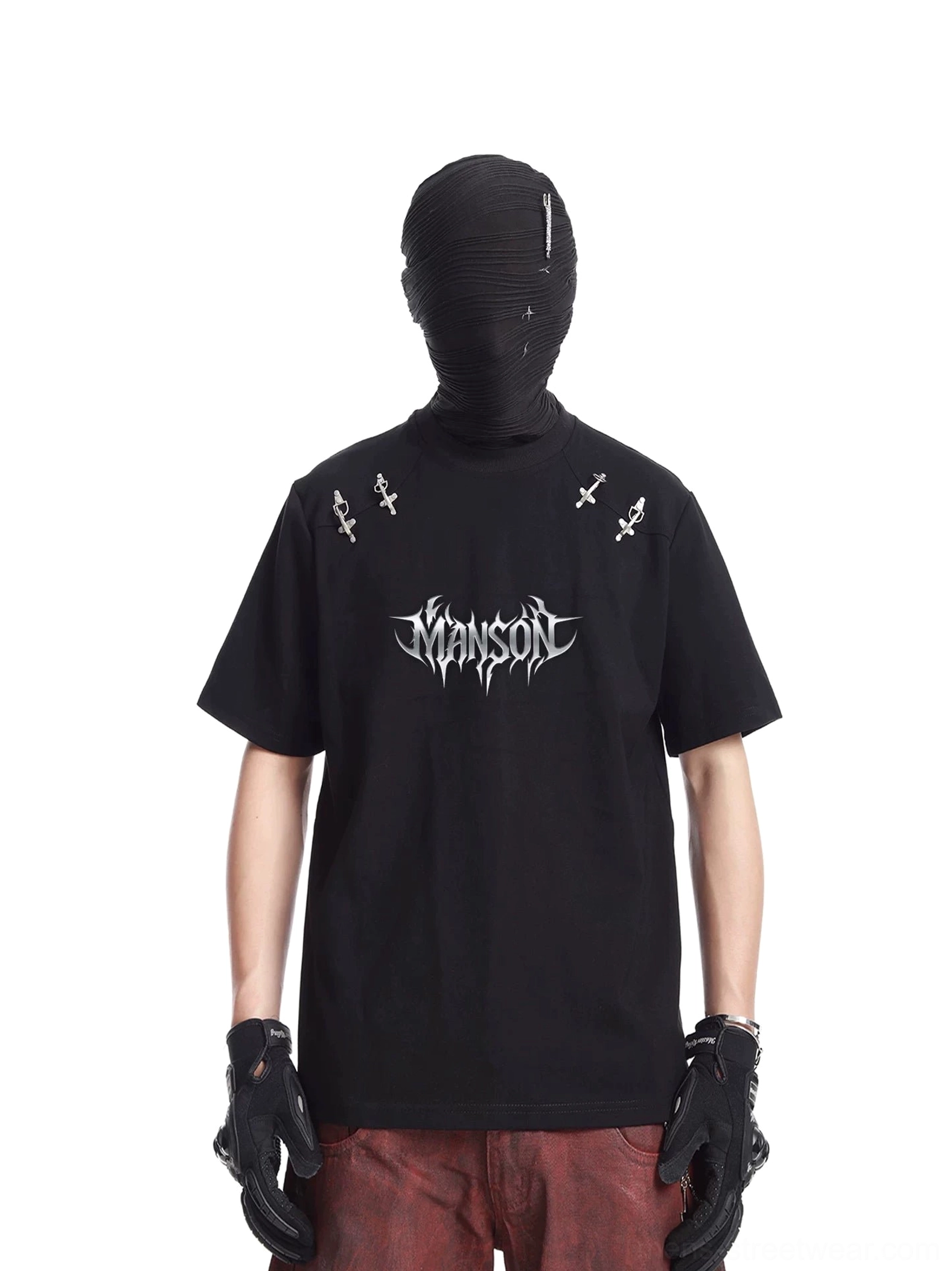 Front full-body view of a black gothic punk graphic T-shirt with silver chest artwork and dagger-style metal shoulder hardware