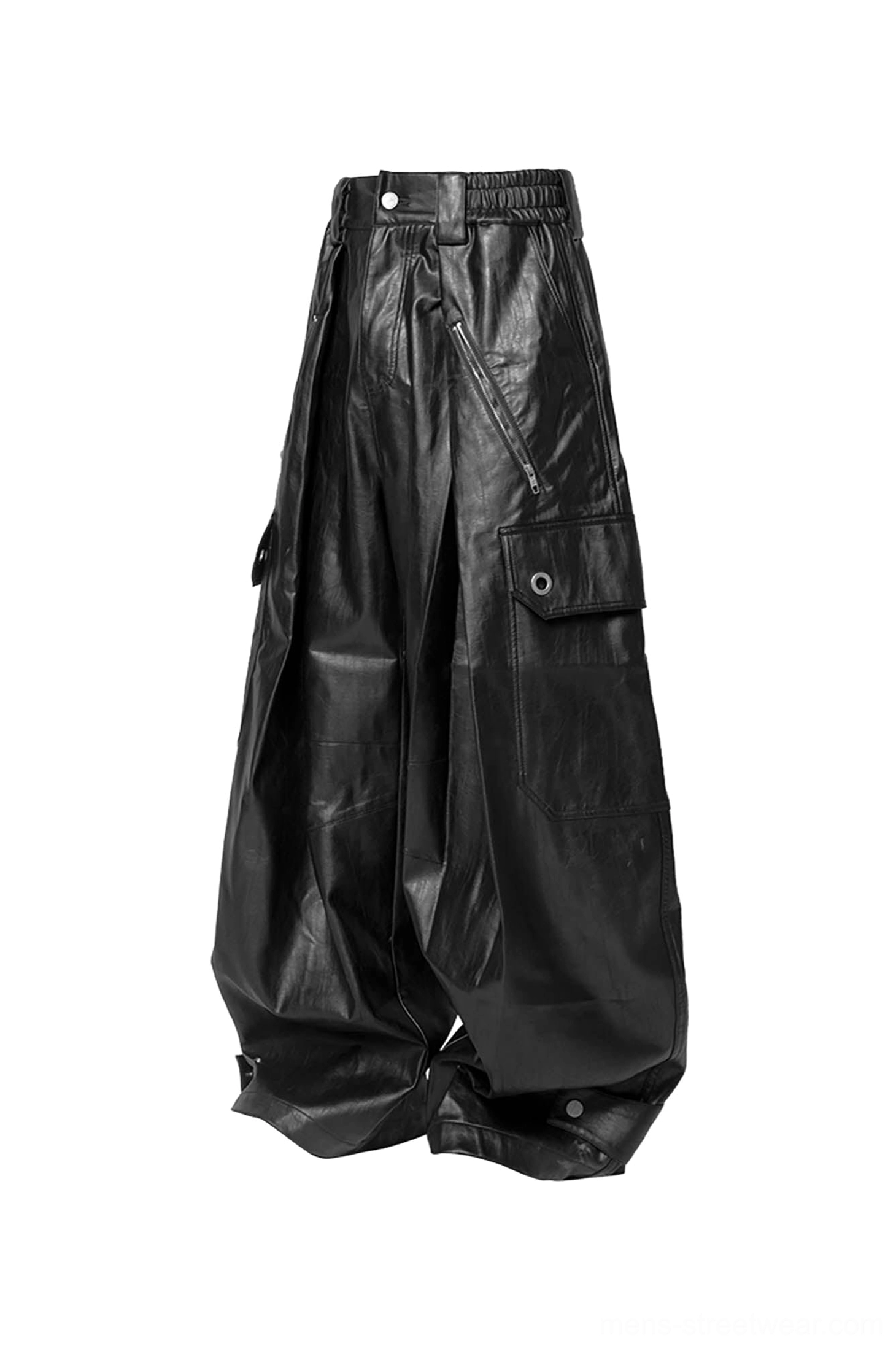 Black gothic faux leather cargo pants in a full-length view with wide legs, utility pockets and monochrome styling