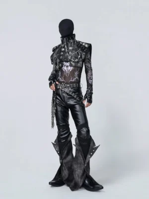 Full body gothic tactical streetwear outfit featuring a high collar black harness vest with studs, chains, and dramatic layered styling