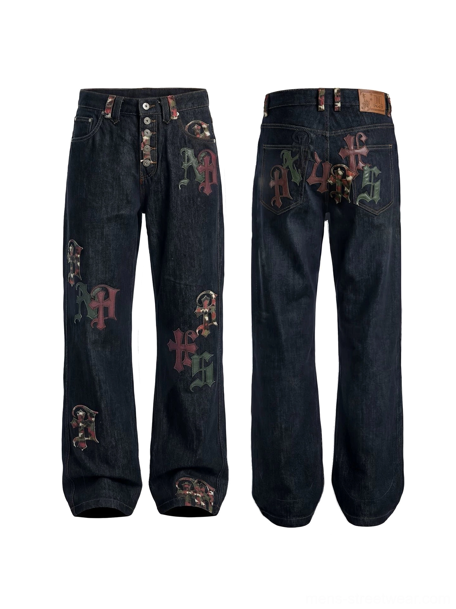 Front and back flat lay of black Gothic letter appliqué straight-leg denim jeans with cross patches and multi-button fly