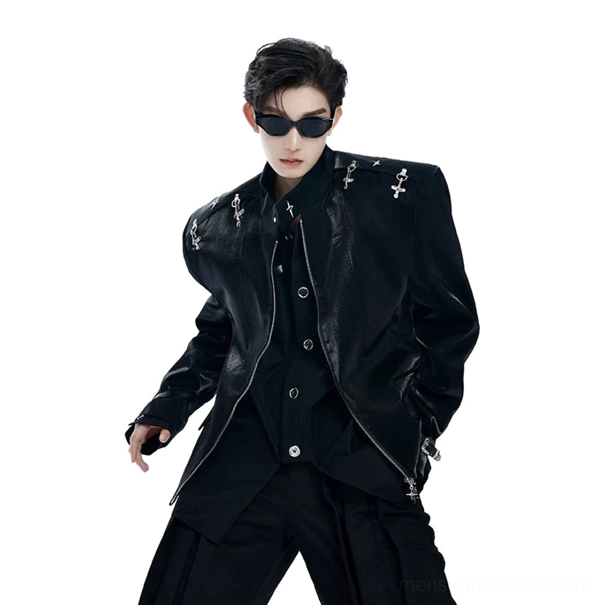 Black gothic punk patent leather blazer product view with sharp shoulders, silver cross details, stand collar, and futuristic Korean streetwear design