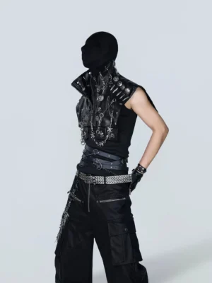 Black gothic punk relic harness vest with silver chains skull hardware and oversized shoulder panels shown in left side full body streetwear styling