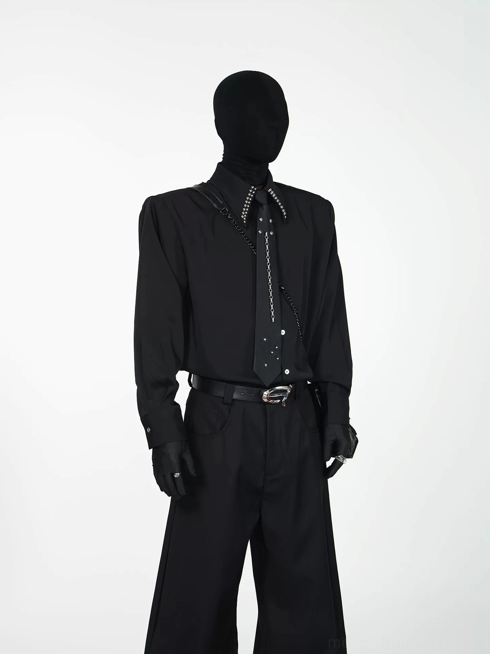 Black gothic oversized shirt and crystal chain tie set styled with black wide-leg pants and leather accessories