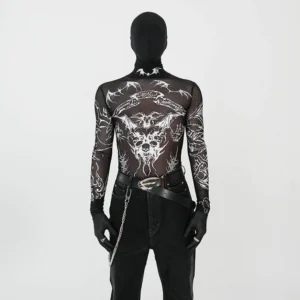 Black gothic tattoo mesh turtleneck top with sheer fabric, white skull and demon graphics, long sleeves, and fitted Korean streetwear styling