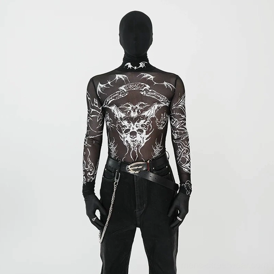 Black gothic tattoo mesh turtleneck top with sheer fabric, white skull and demon graphics, long sleeves, and fitted Korean streetwear styling