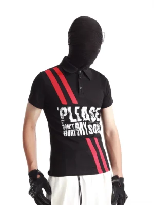 Three-quarter front view of slim-fit black graphic polo shirt with red racing stripes distressed typography and classic button collar