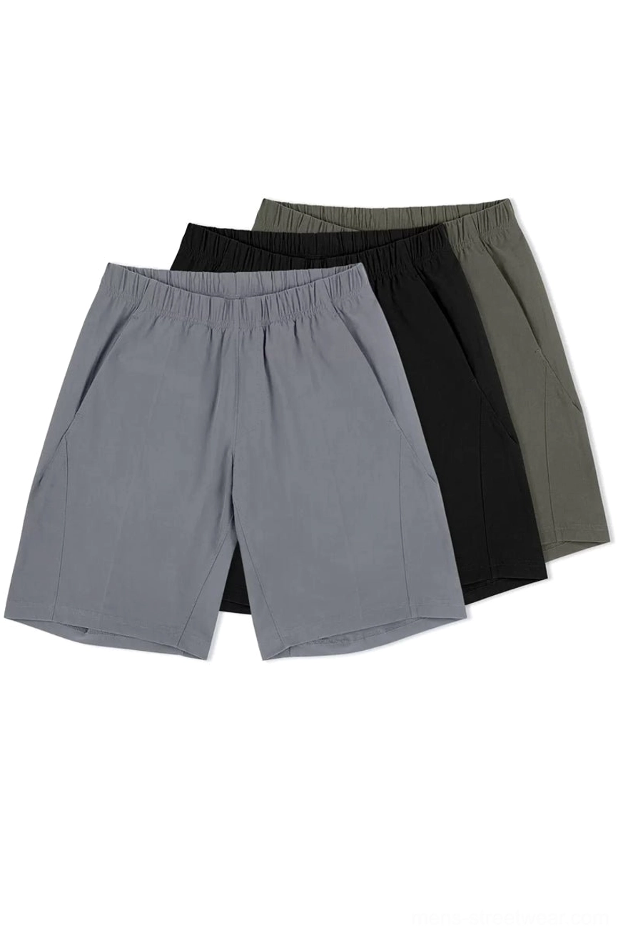 Black gray and army green minimalist quick-dry tech shorts color options top-down flat lay