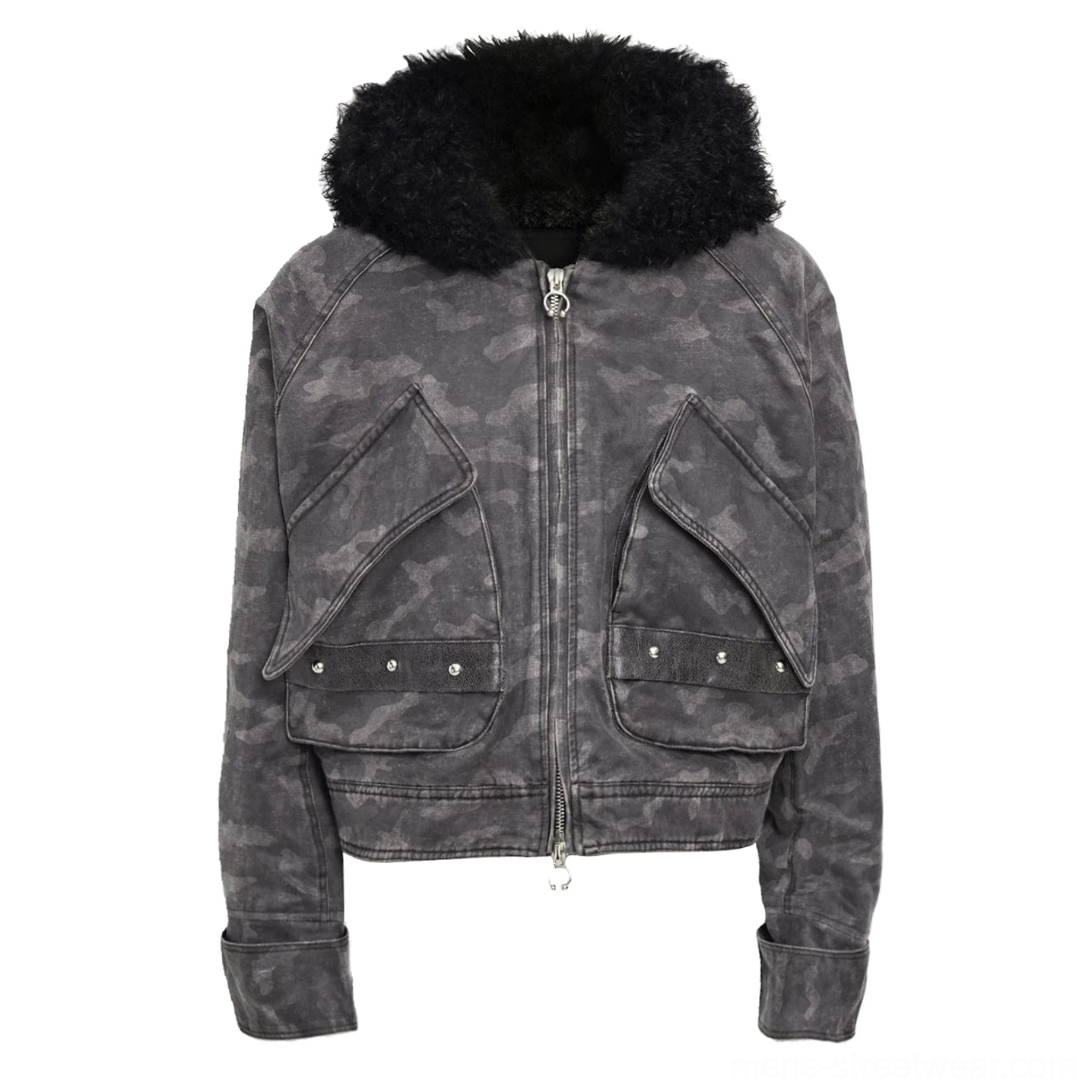 Flat lay view of black and grey camo faux shearling hooded cropped bomber jacket with black curly hood, metal zipper, oversized flap pockets, and matching studded straps