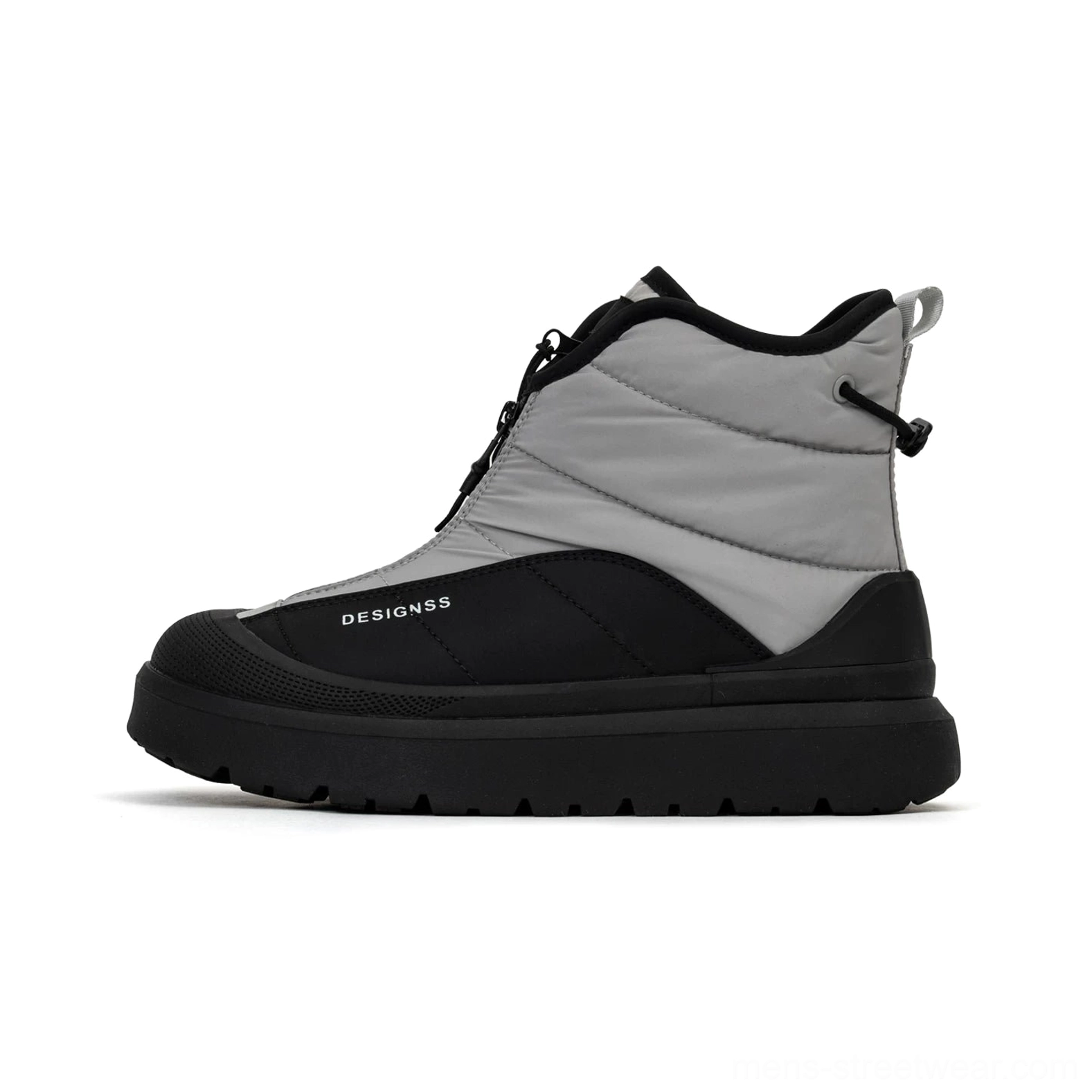 Isolated side view of a black and grey fleece-lined zip-up snow boot with quilted upper, drawcord toggle, rounded toe, and rugged rubber platform sole
