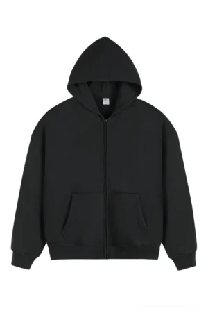 Black heavyweight oversized full zip fleece hoodie with dropped shoulders and dual front patch pockets front view