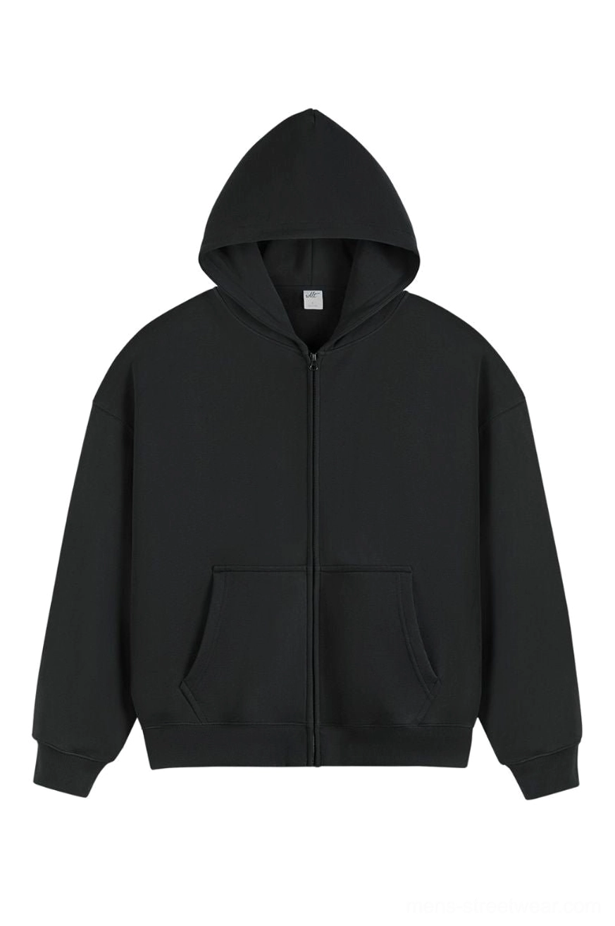 Black heavyweight oversized full zip fleece hoodie with dropped shoulders and dual front patch pockets front view