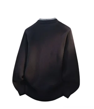 Back view of black Henley knit sweater with relaxed drop shoulder silhouette, ribbed cuffs, and ribbed hem