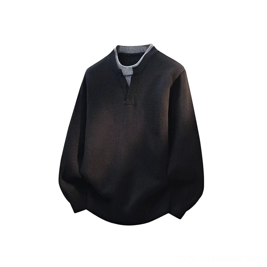 Black Henley neck knit sweater with simple stand collar, button placket, ribbed cuffs, and minimalist streetwear design