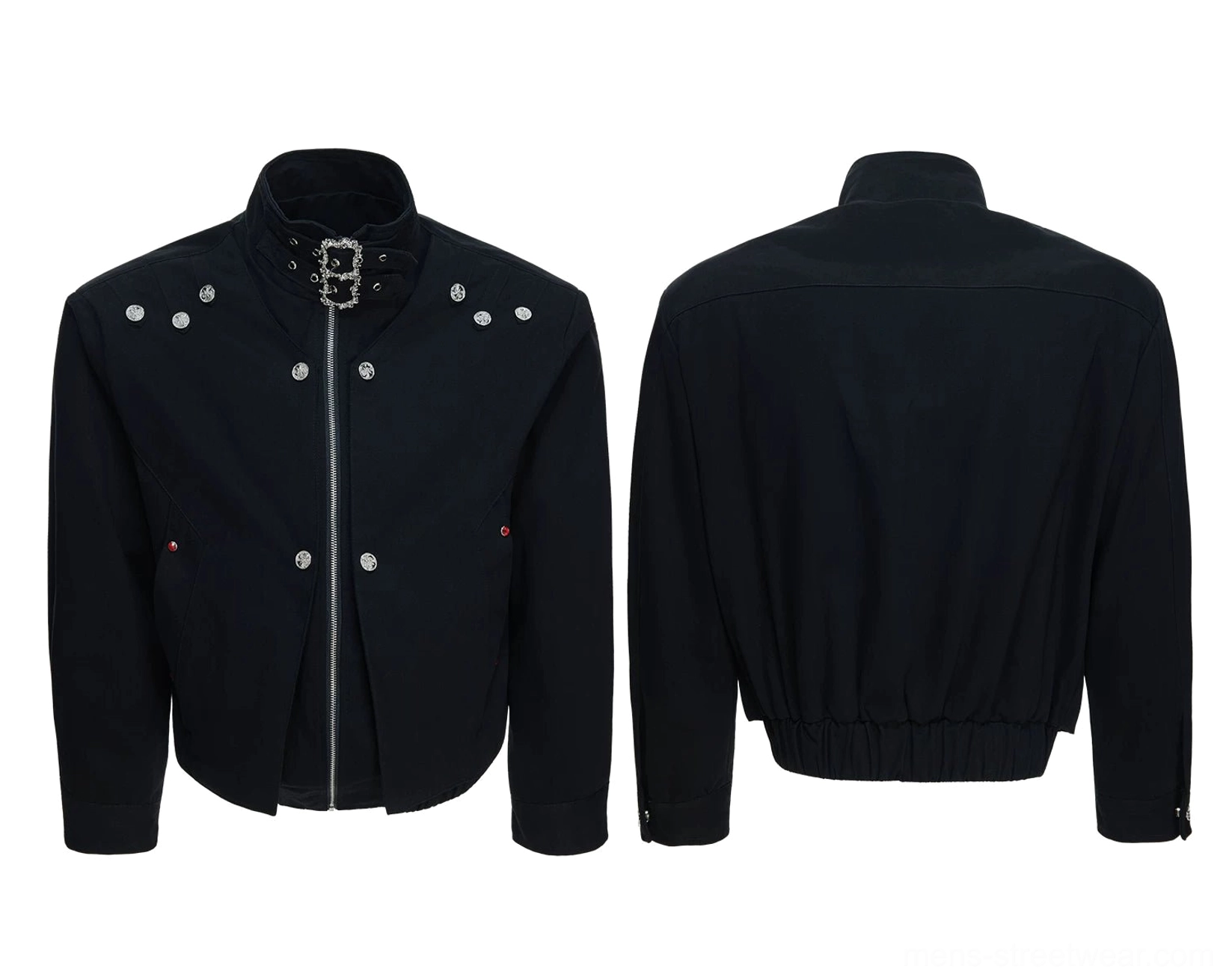 Black high neck hardware canvas jacket flat lay front view with silver collar buckle, front zipper, rivet buttons, and ribbed hem