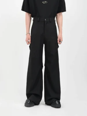Black high-waisted drape wide-leg tailored streetwear trousers front full-body view