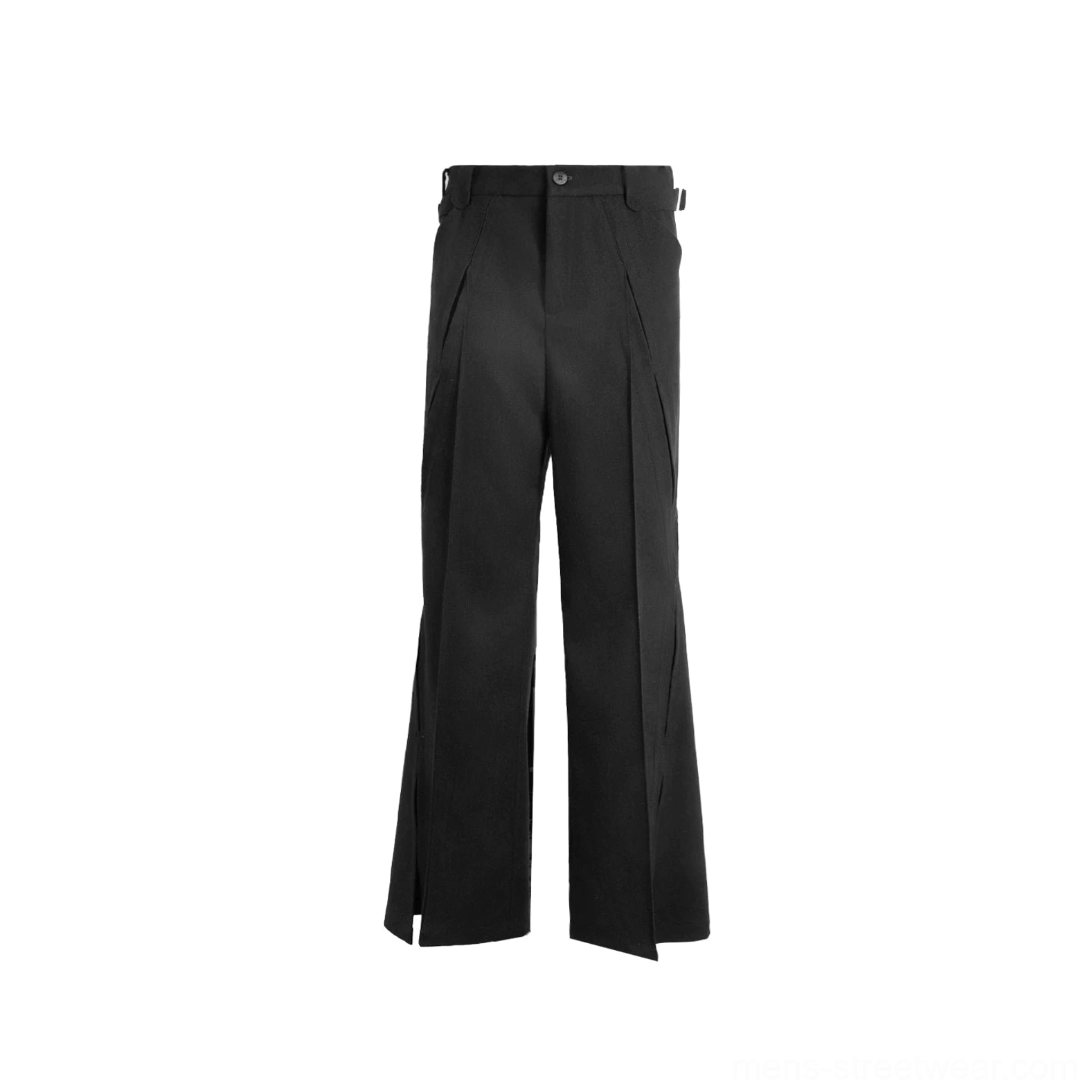 Flat lay front view of black high-waisted split-hem wide-leg trousers with vertical pleats, belt loops, button fly, and structured silhouette