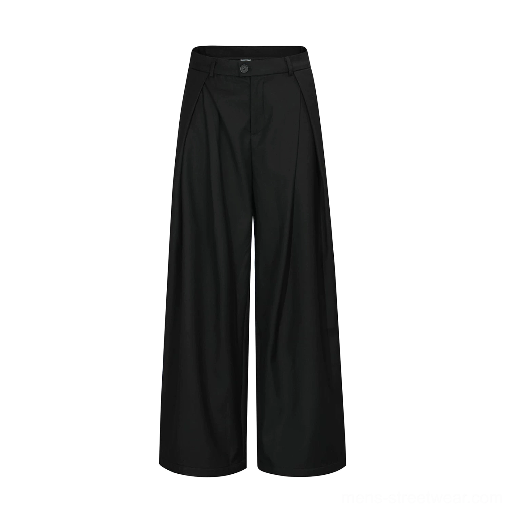Flat lay view of black high-waisted wide-leg trousers showing front pleats, button closure, and belt loops