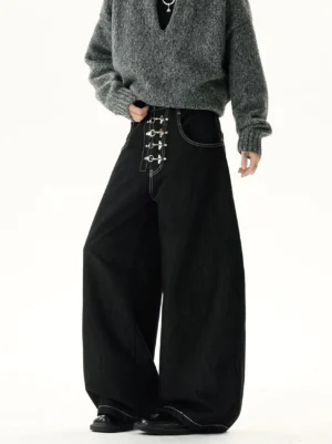 Front and side view of black hook-and-eye corset wide-leg jeans with silver metal closures, contrast stitching, high waist, and oversized streetwear silhouette