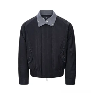 Black cropped bomber jacket with contrast double collar, tonal flame embroidery, zip front, and elasticated hem shown on a white background