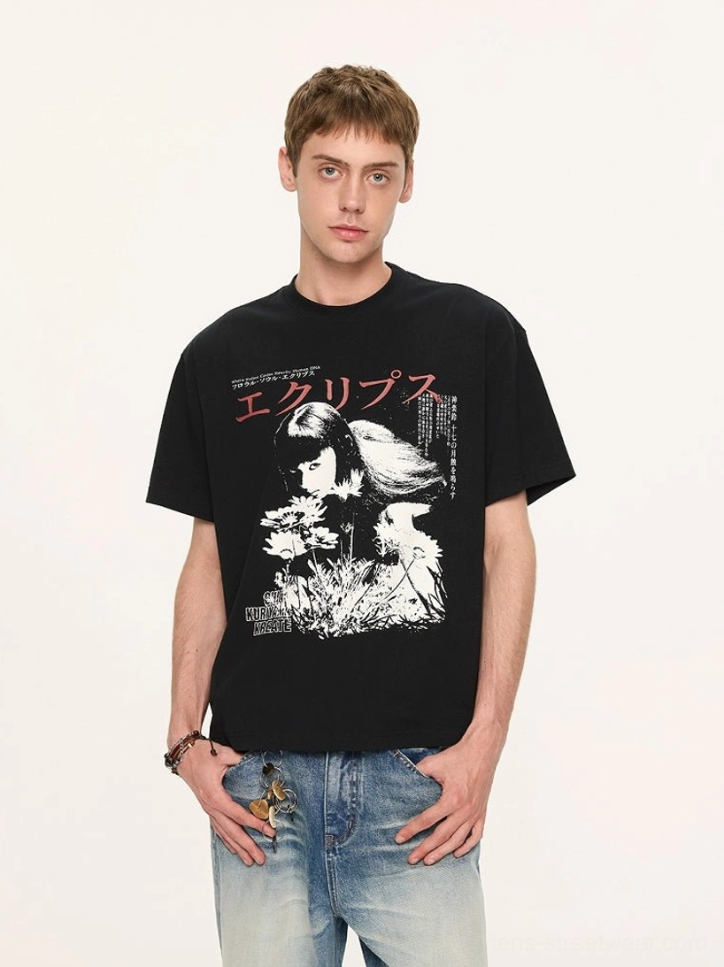 Black oversized Japanese graphic T-shirt with anime girl portrait floral artwork and red Japanese typography