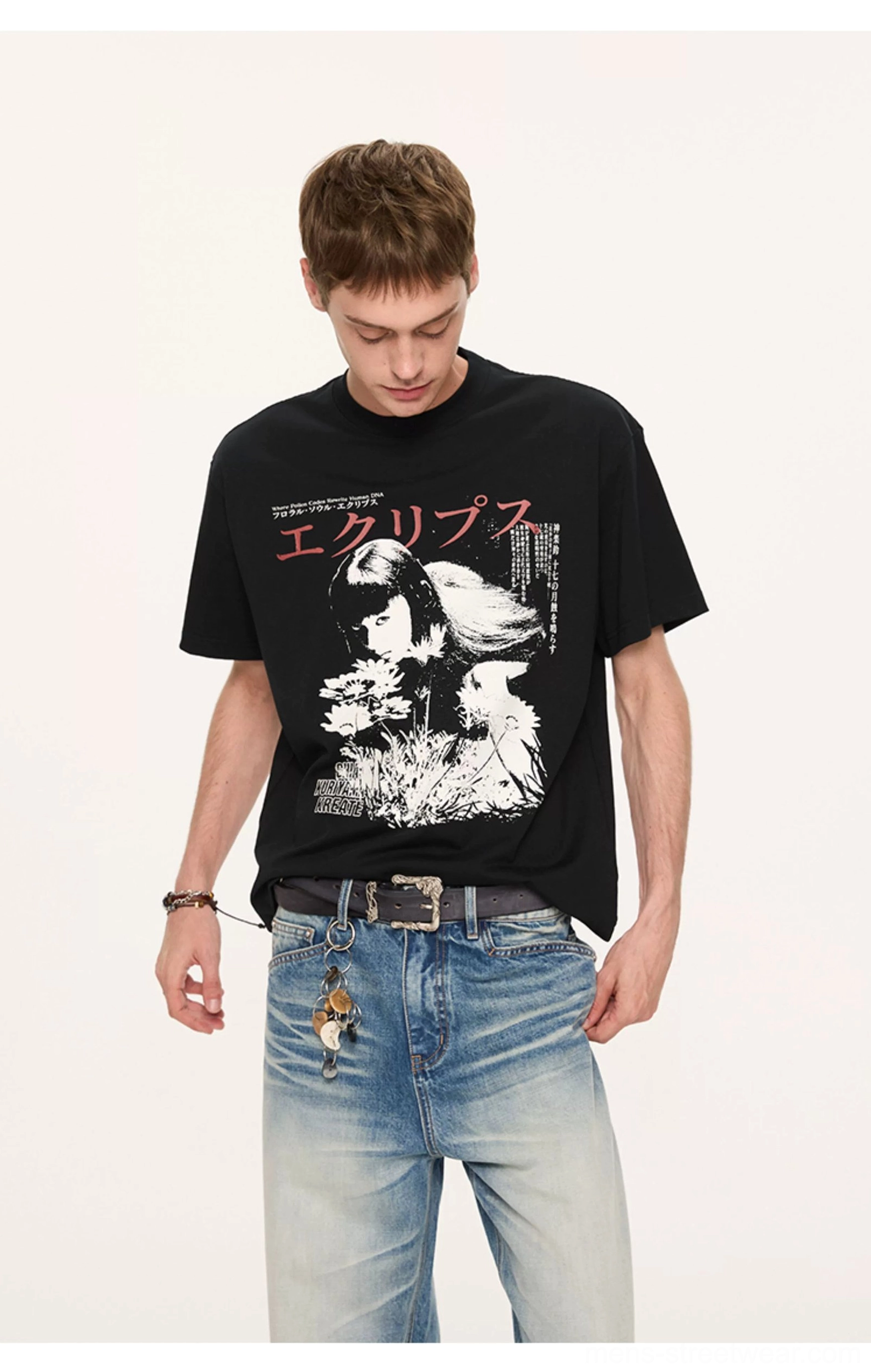 Black Japanese retro anime T-shirt with floral portrait graphic and red Japanese text styled with vintage denim
