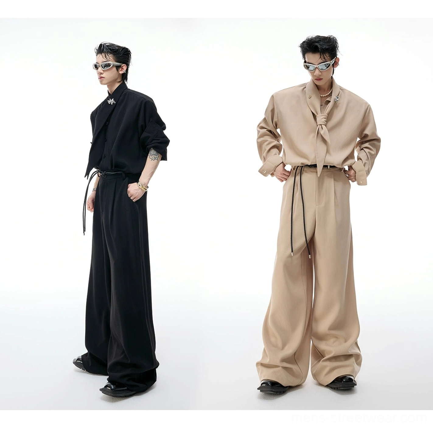 Two color options of scarf collar wide-leg suit sets showing black and khaki outfits with matching relaxed silhouettes and oversized streetwear tailoring