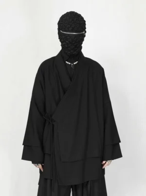 Black kimono wrap cardigan with V-neck lapel, side tie fastening, asymmetric hem, and oversized Seoul streetwear fit