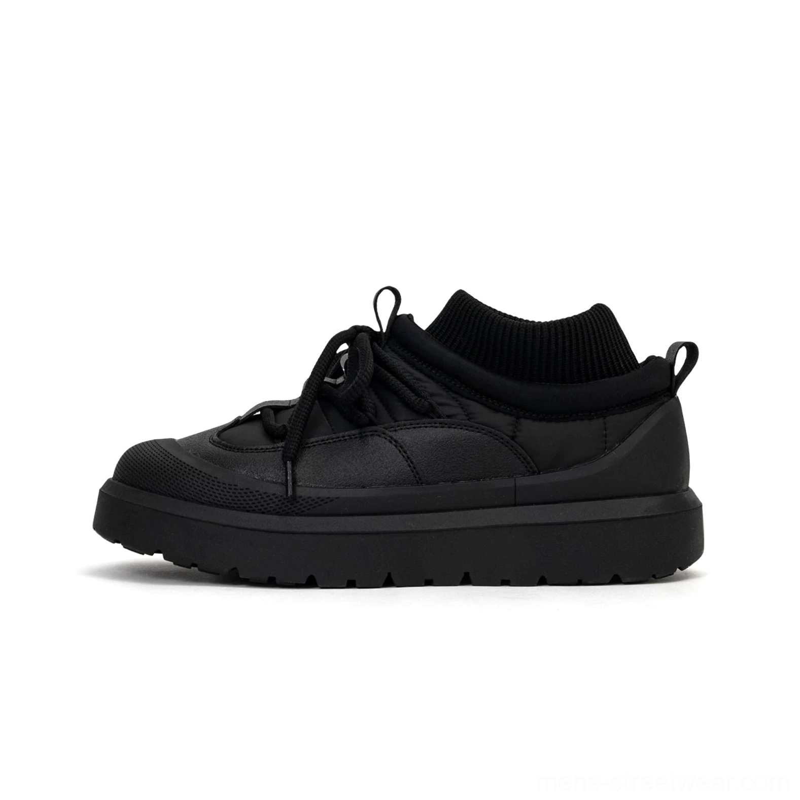 Black knit collar platform sneakers displayed on a white background, showing the matte paneled upper, fleece-ready ankle collar, streamlined shape, and chunky rubber sole