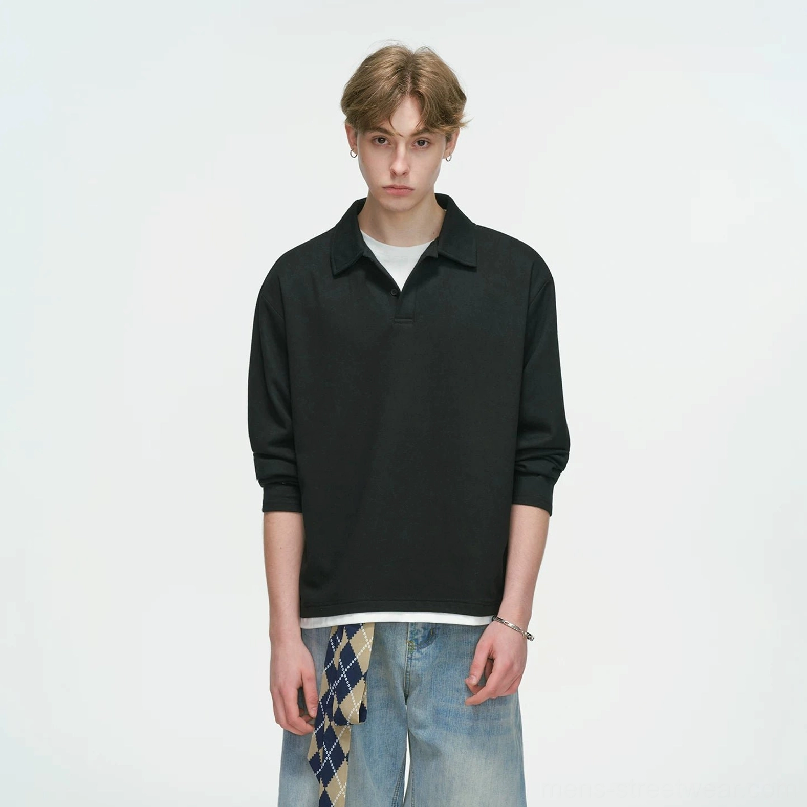 Black knit polo shirt option with relaxed fit for modern Korean streetwear and smart-casual styling