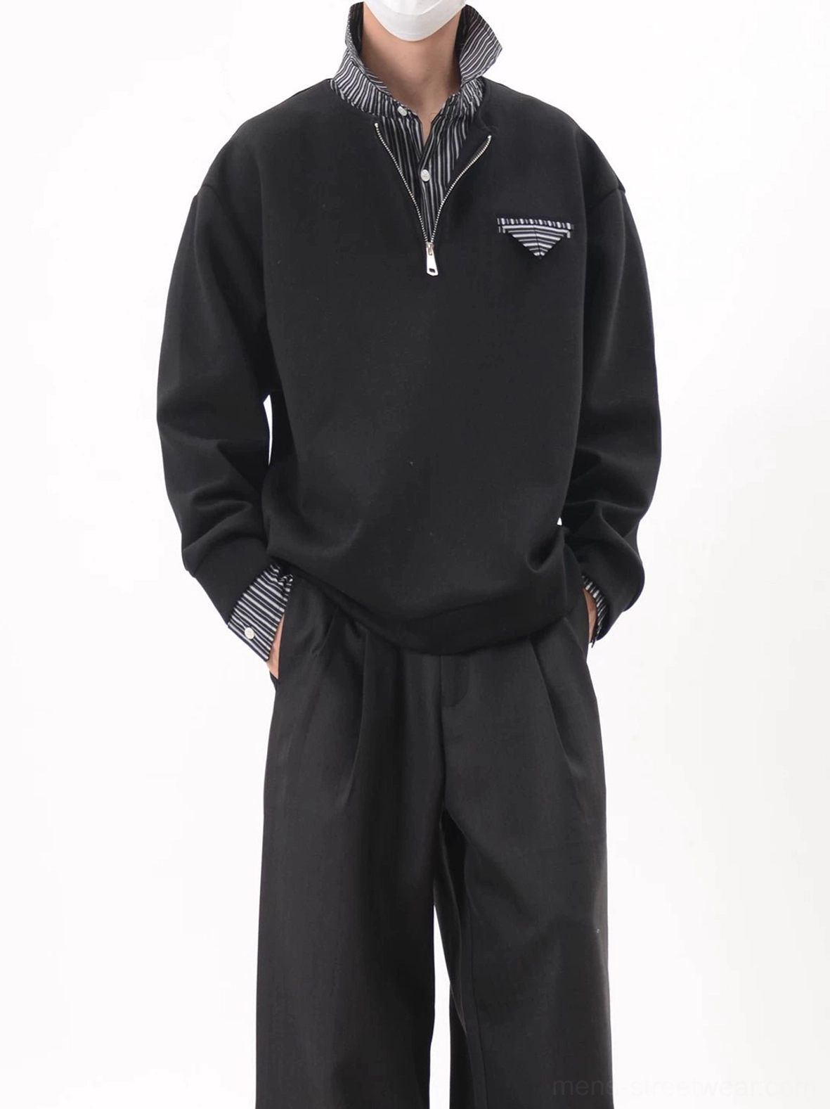Black Korean streetwear half-zip sweatshirt with striped layered collar and cuffs and triangular chest badge