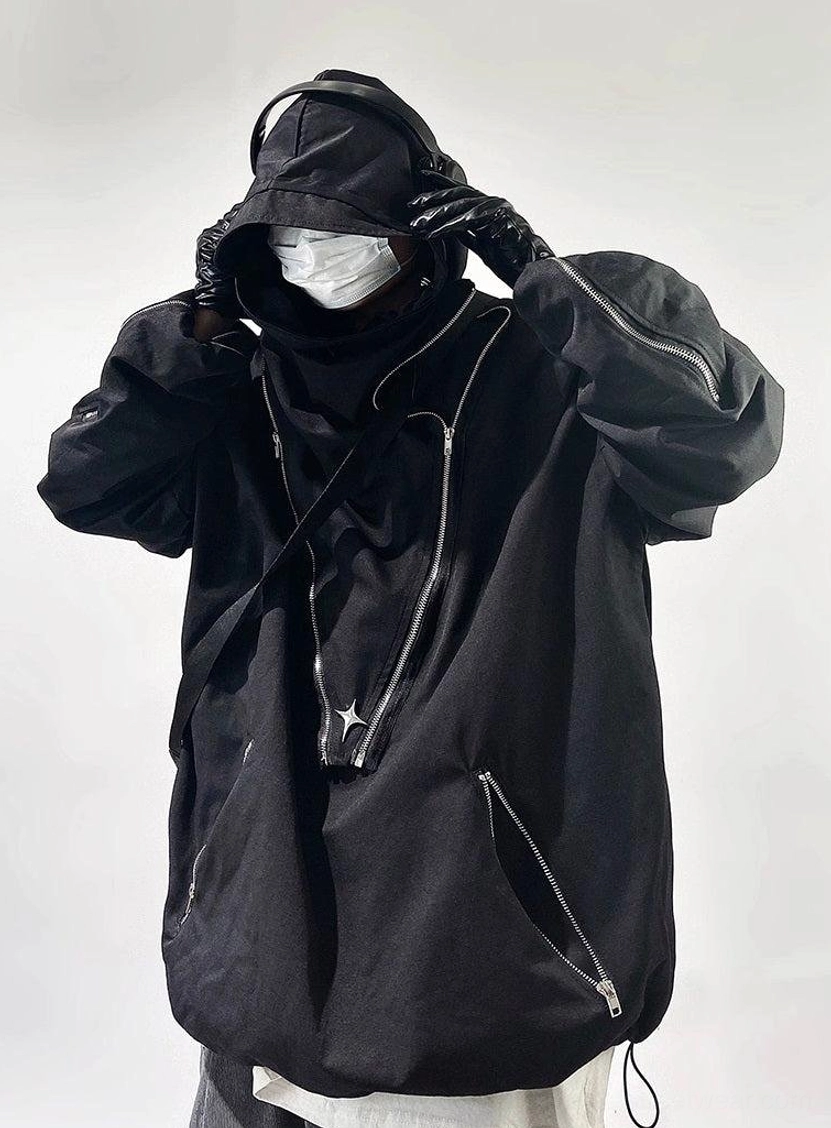 Front view of black oversized Korean streetwear jacket with star-shaped zipper pullers, dropped sleeves, and side sleeve zippers