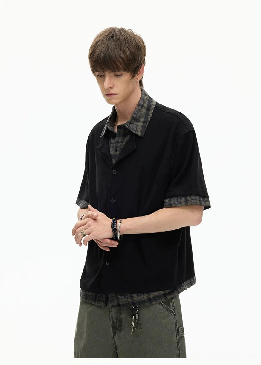 Black Korean streetwear layered knit shirt with plaid hem worn with olive cargo pants