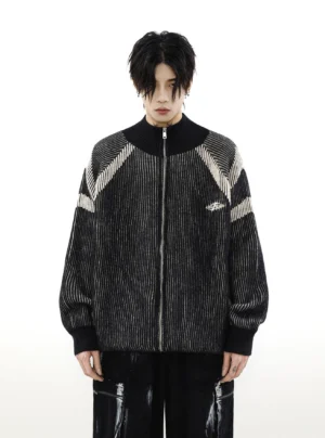 Black Korean streetwear oversized knit cardigan with full front zipper high neck and relaxed fit styled with cargo pants